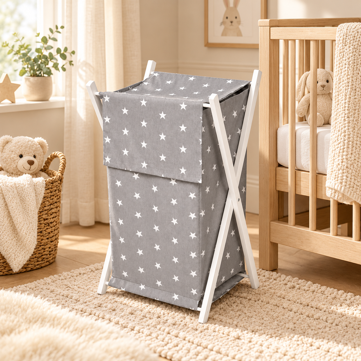 Laundry Basket with white wooden frame and storage removable linen SMALL WHITE STARS ON GREY
