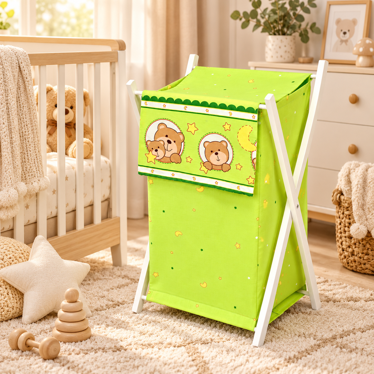 Laundry Basket with white wooden frame and storage removable linen Window Green