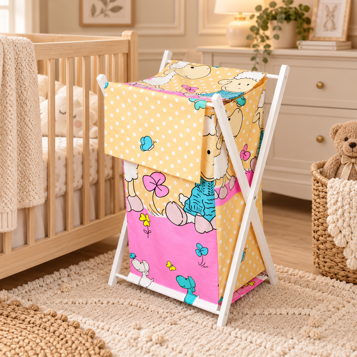 Laundry Basket with white wooden frame and storage removable linen Sheep Eqru