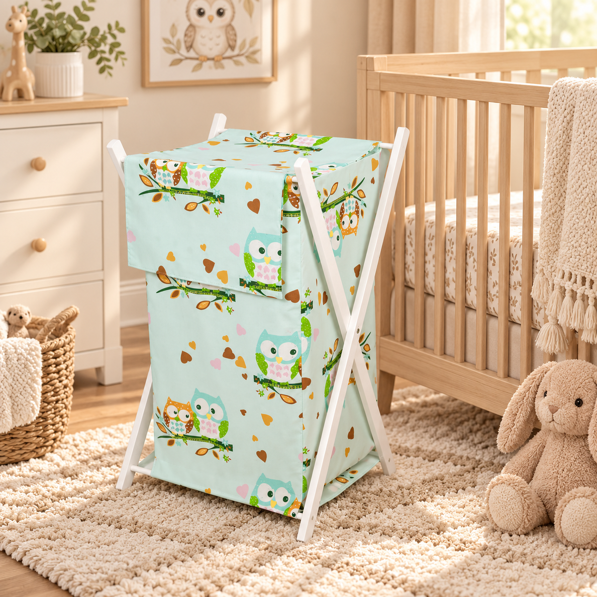 Laundry Basket with white wooden frame and storage removable linen Owls Turquoise