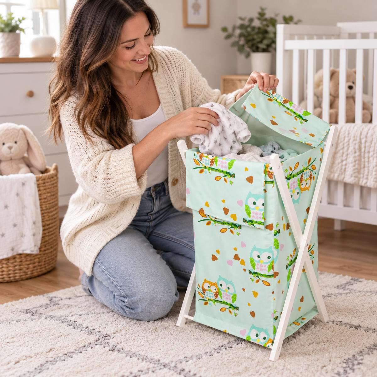 Laundry Basket with white wooden frame and storage removable linen Owls Turquoise