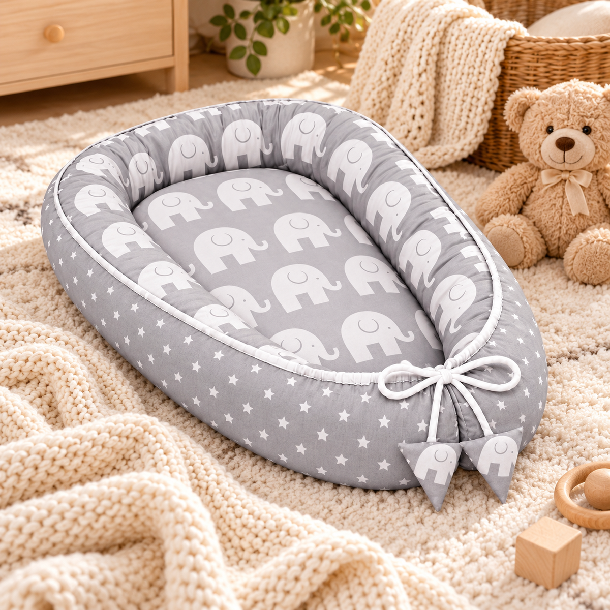 Baby Cocoon Nest Double-Sided Reversible Baby Lounger with Removable Insert Elephants grey/Small stars
