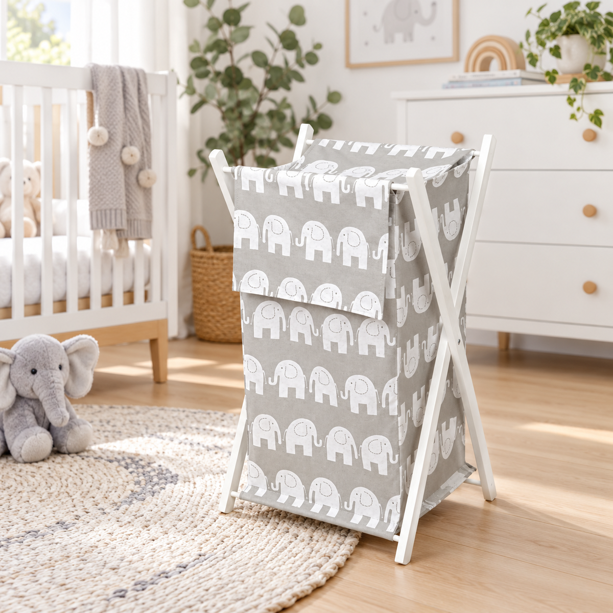 Laundry Basket with white wooden frame and storage removable linen ELEPHANTS GREY