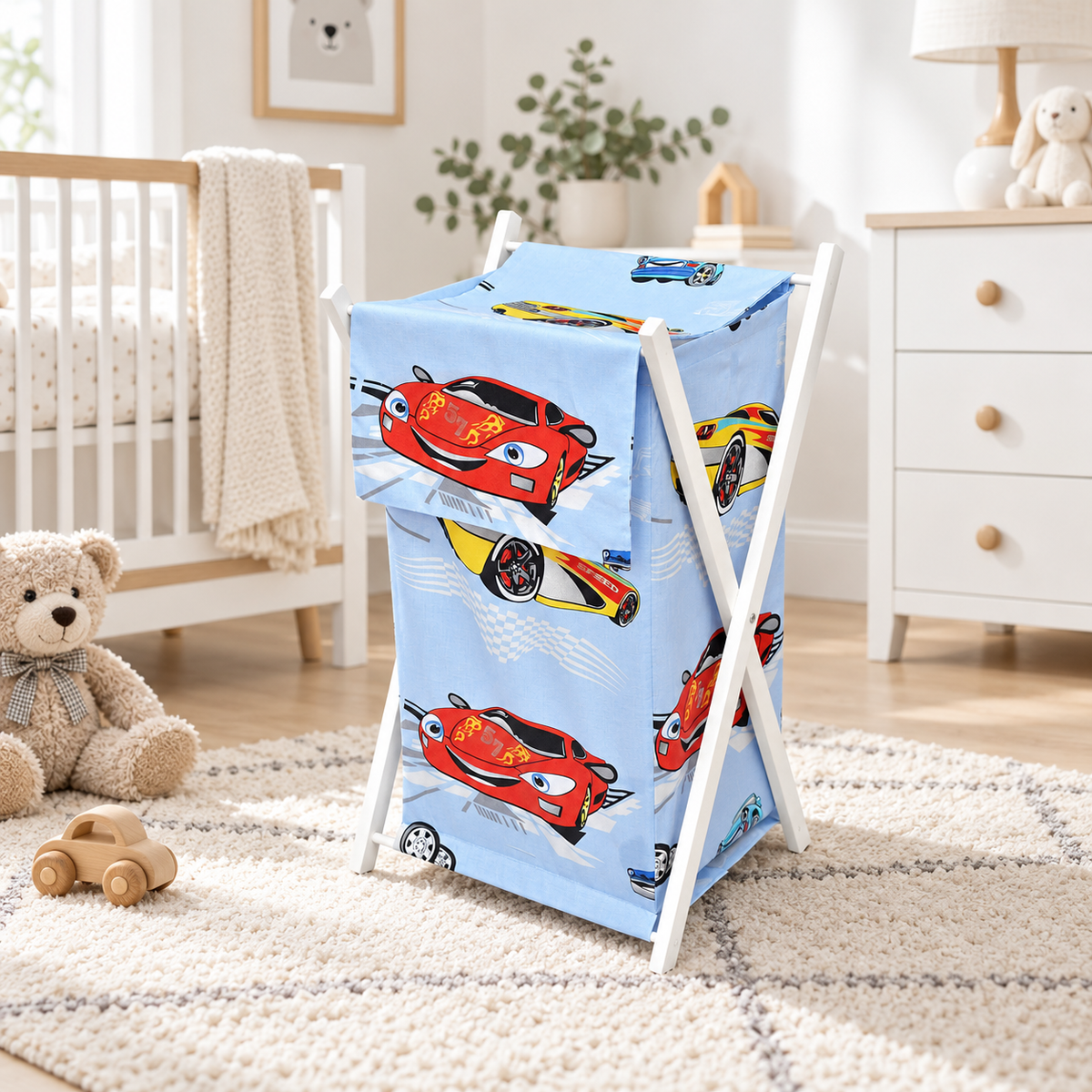 Laundry Basket with white wooden frame and storage removable linen Cars