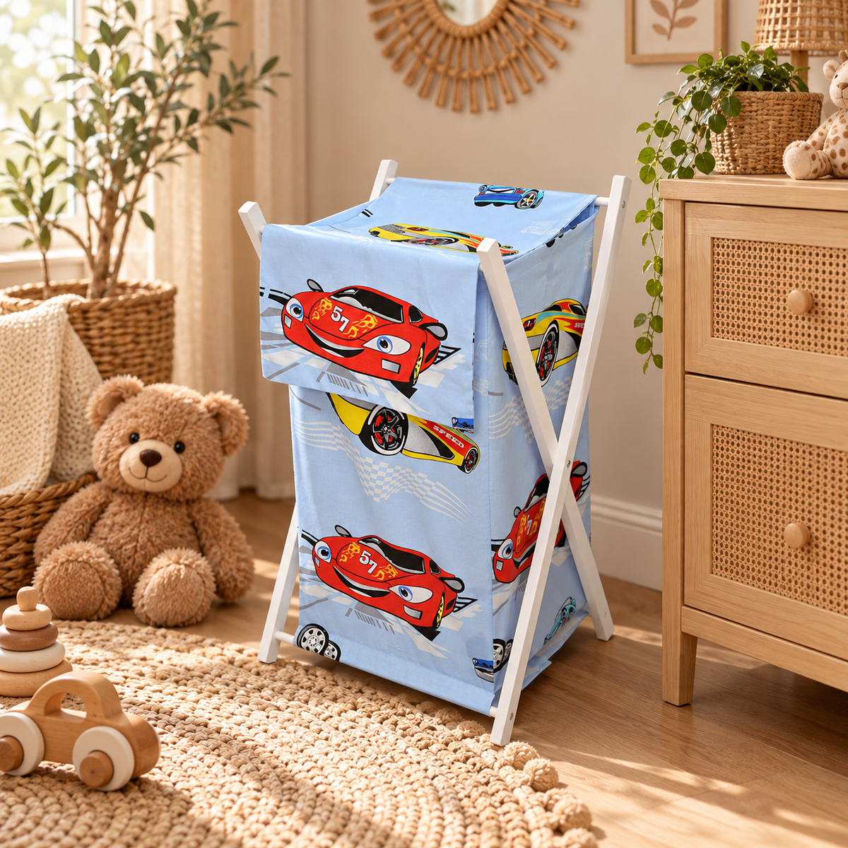 Laundry Basket with white wooden frame and storage removable linen Cars