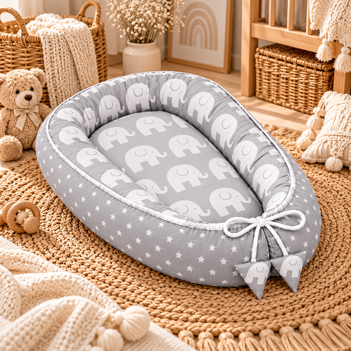 Baby Cocoon Nest Double-Sided Reversible Baby Lounger with Removable Insert Elephants grey/Small stars