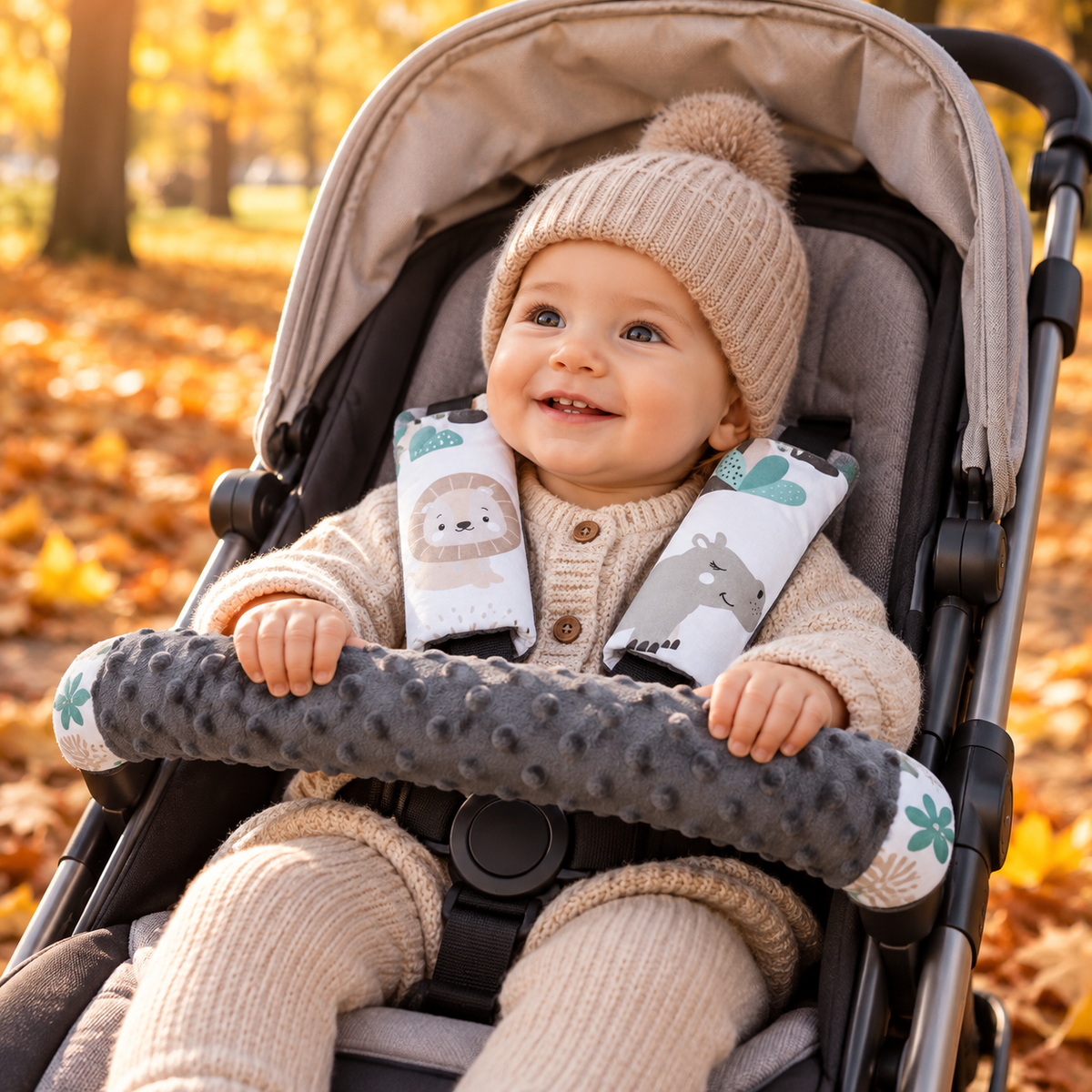 3 Piece Soft Padded Reversible Pushchair Stroller Strap Pads & Bumper Bar Cover Set – Graphite/On Safari