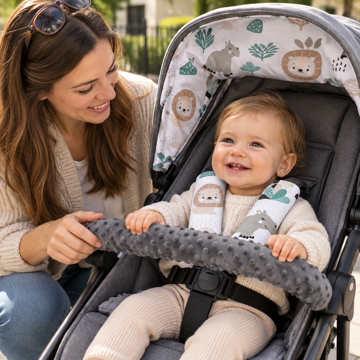 3 Piece Soft Padded Reversible Pushchair Stroller Strap Pads & Bumper Bar Cover Set – Graphite/On Safari