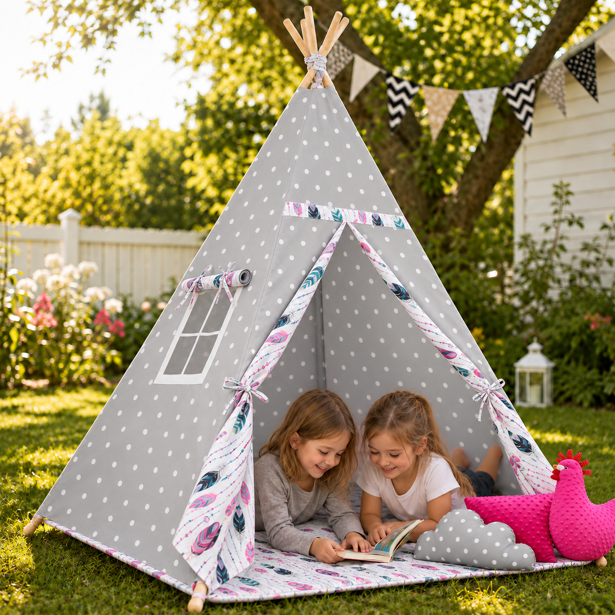 Teepee Wigwam Indoor Outdoor Kids Playhouse Tent With Three Cushions Indian Dots - MyHappy Baby