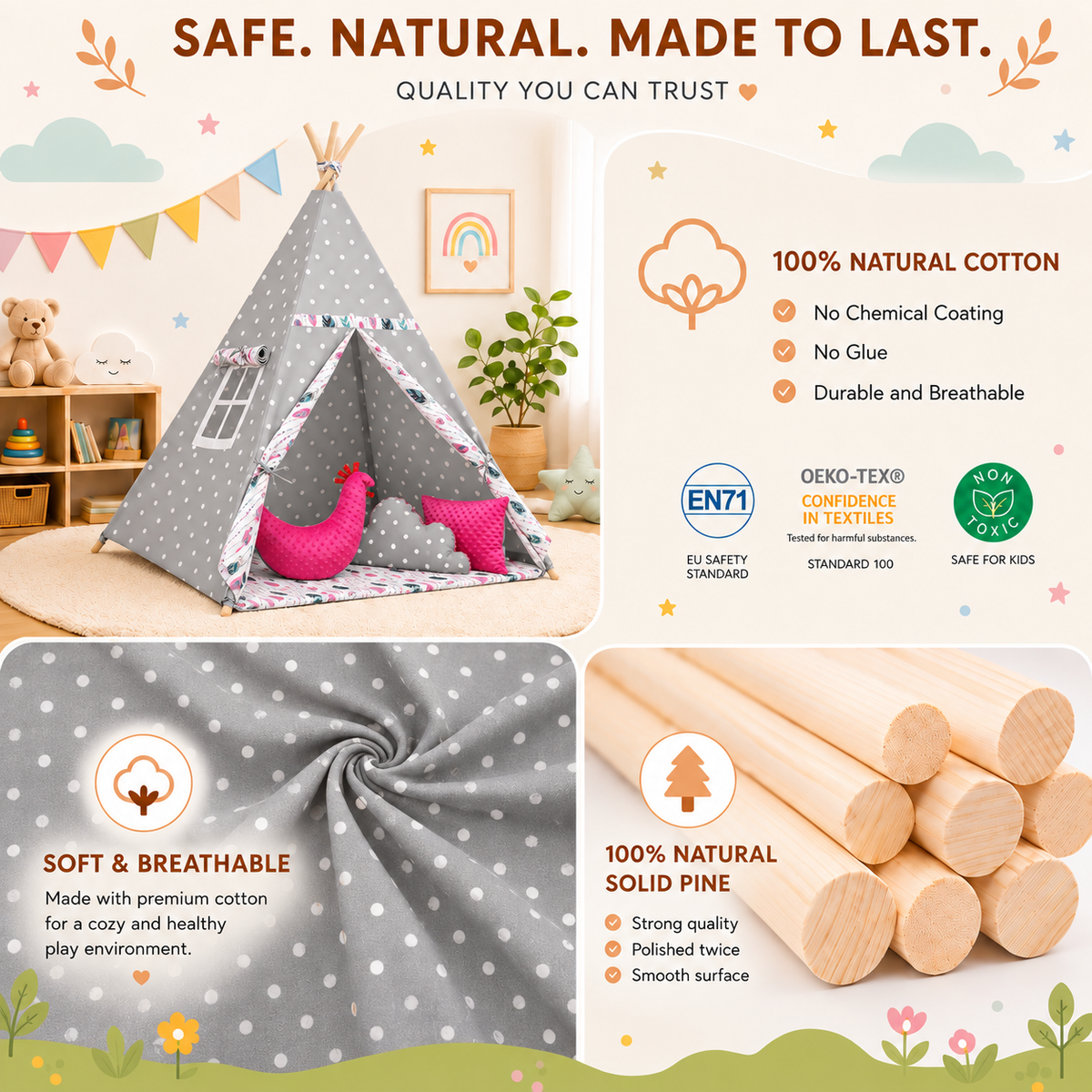 Teepee Wigwam Indoor Outdoor Kids Playhouse Tent With Three Cushions Indian Dots - MyHappy Baby