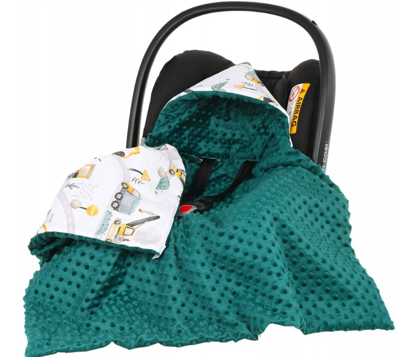 Baby Car Seat Hooded Blanket Double-sided Swaddle Wrap GREEN /Excavators