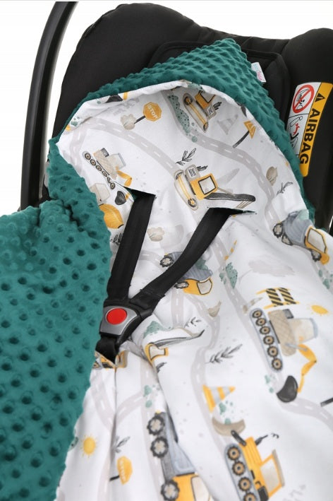 Baby Car Seat Hooded Blanket Double-sided Swaddle Wrap GREEN /Excavators