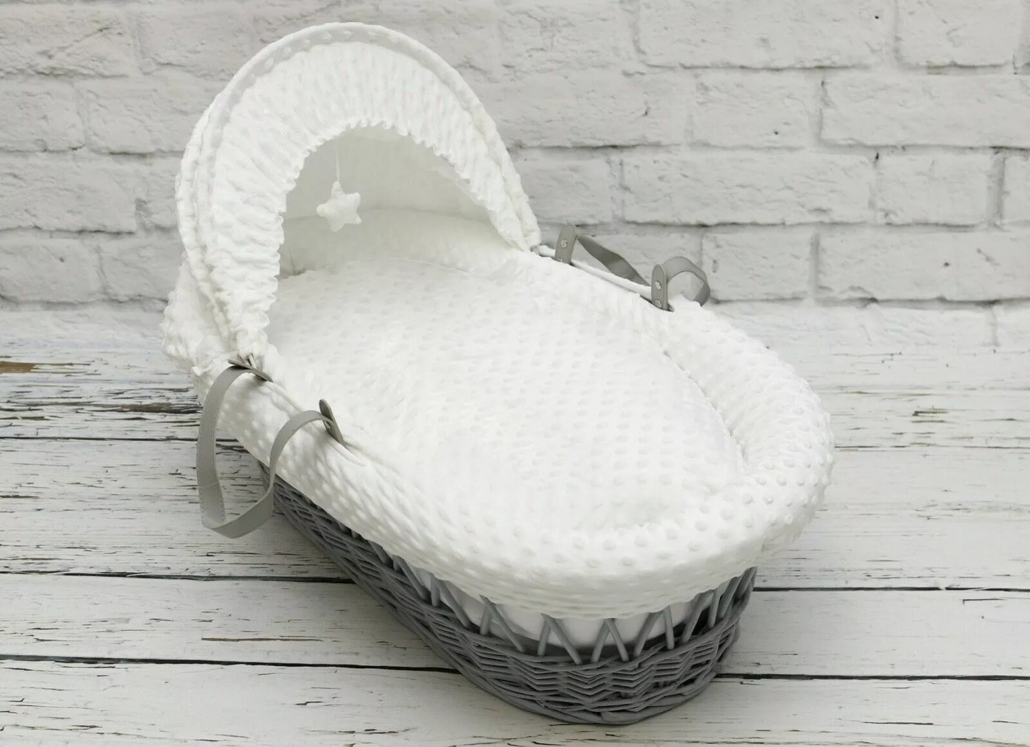 Luxury Moses Basket Padded Grey Wicker Baby Full Set - White Dimple