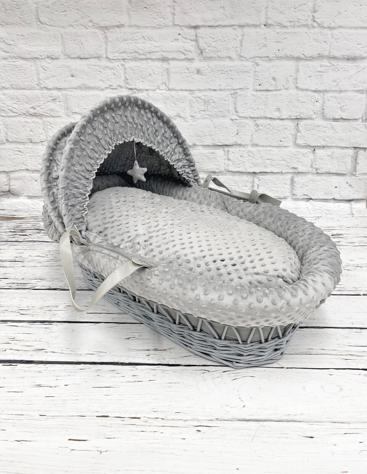 Luxury Moses Basket Padded Grey Wicker Baby Full Set - Grey Dimple