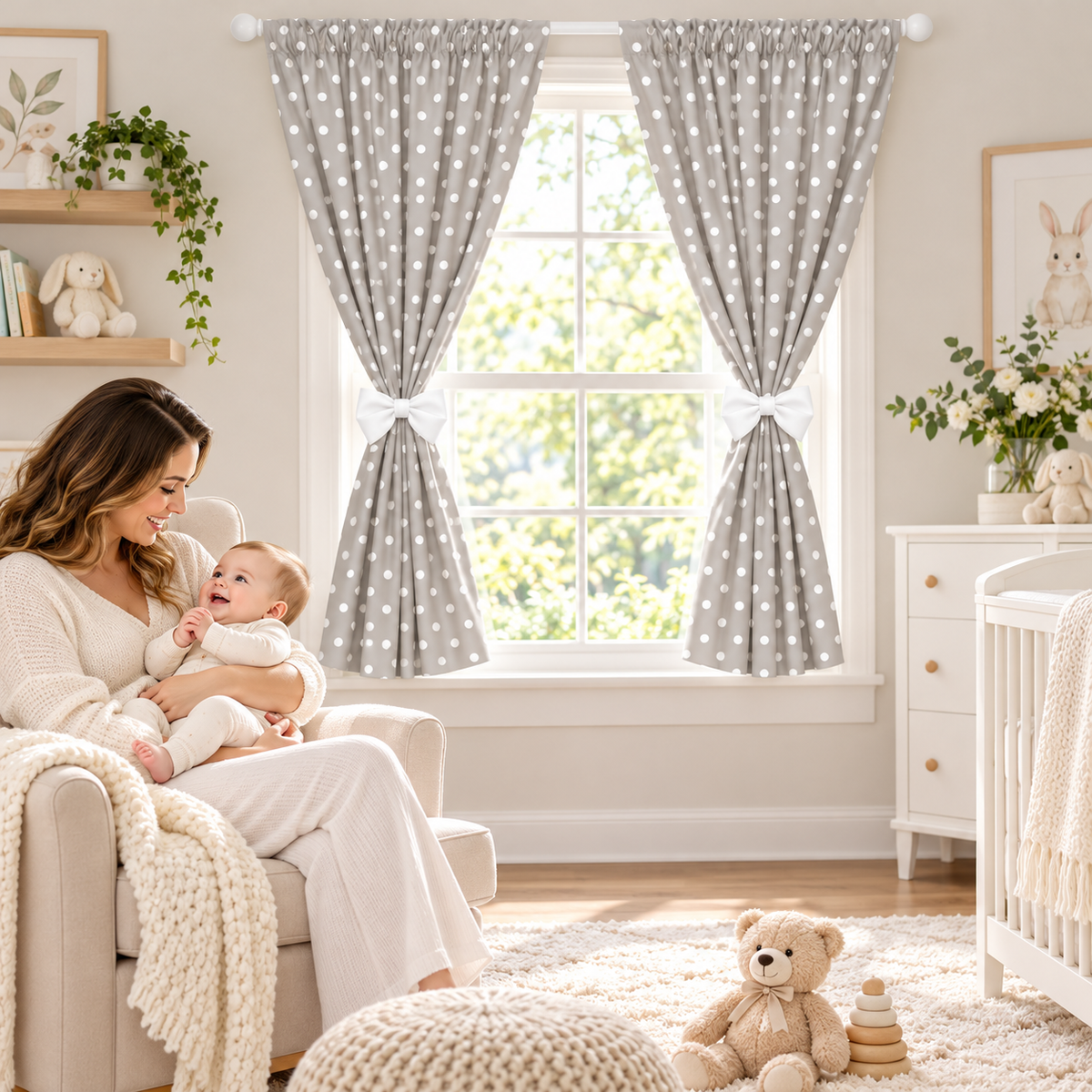 Nursery Curtains for Babies & Toddler's Bedroom Dots grey