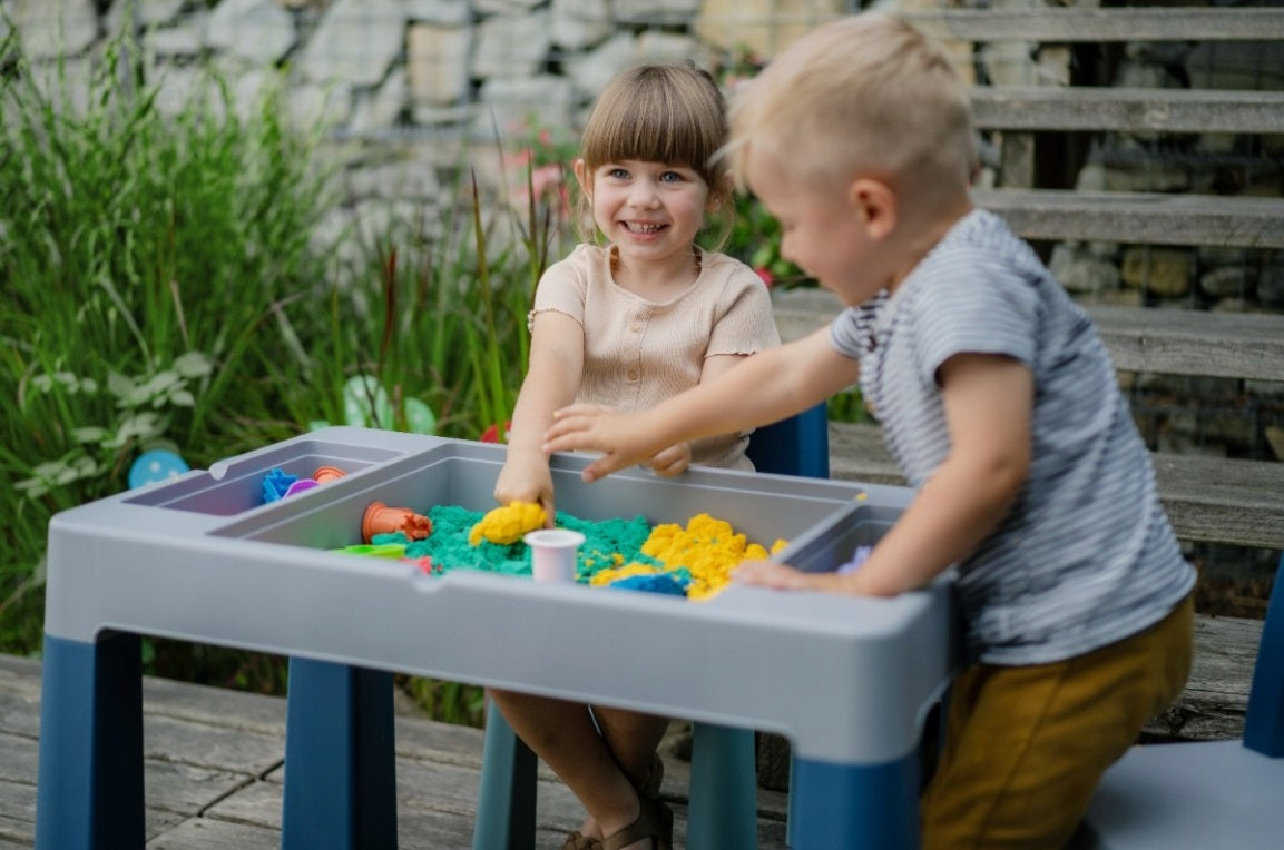 Kids Table and Two Chairs Set Play Room Sturdy Desk Students Junior Toddlers Turquoise/ Navy/Grey