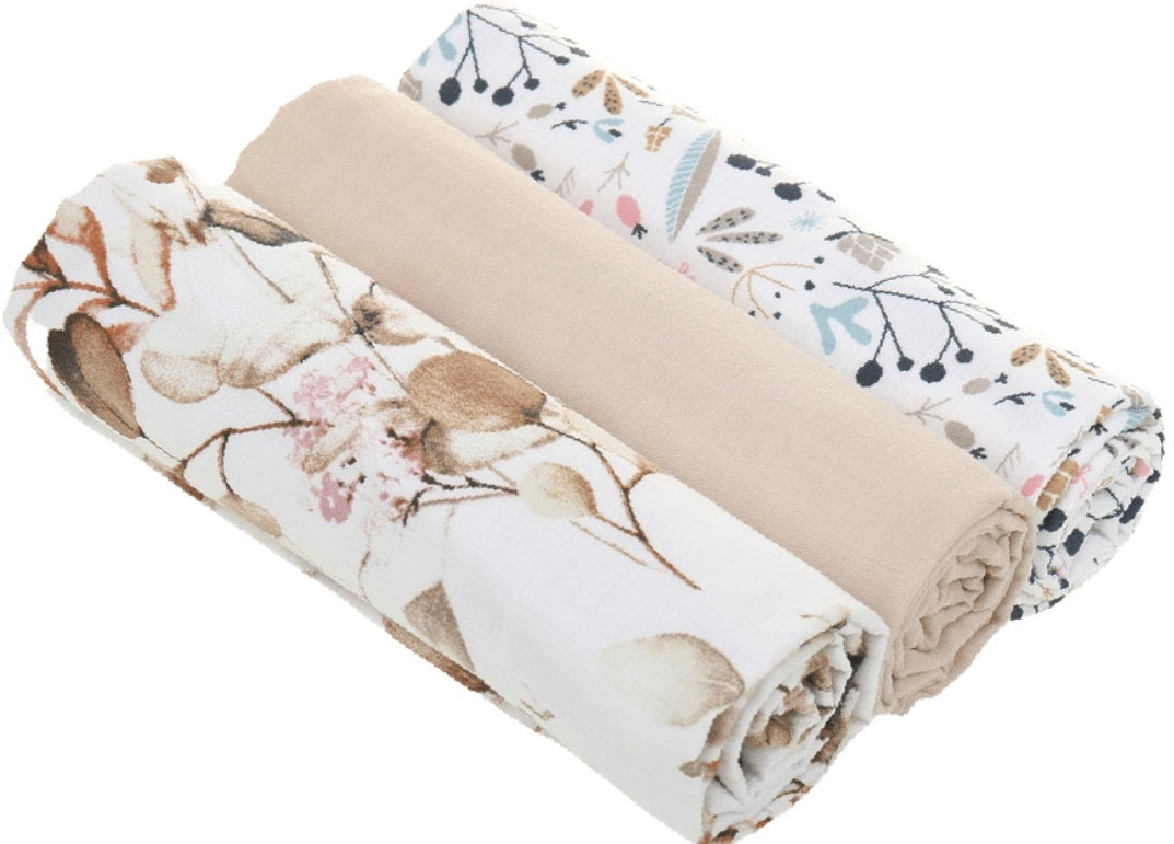Baby Muslin Nappies Cloth Diaper 100% Cotton 3-Pack Colourful 70x80cm Gold Flowers