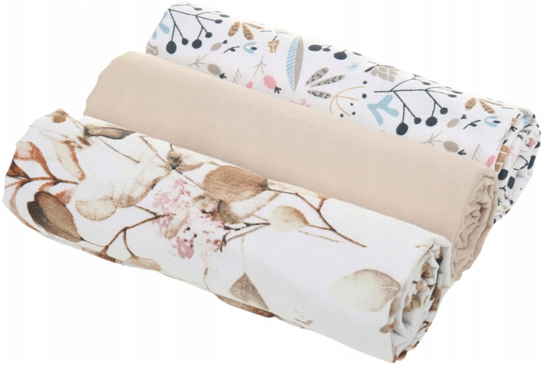 Baby Muslin Nappies Cloth Diaper 100% Cotton 3-Pack Colourful 70x80cm Gold Flowers