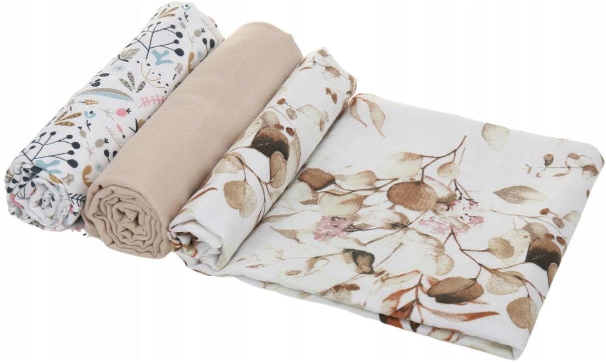 Baby Muslin Nappies Cloth Diaper 100% Cotton 3-Pack Colourful 70x80cm Gold Flowers