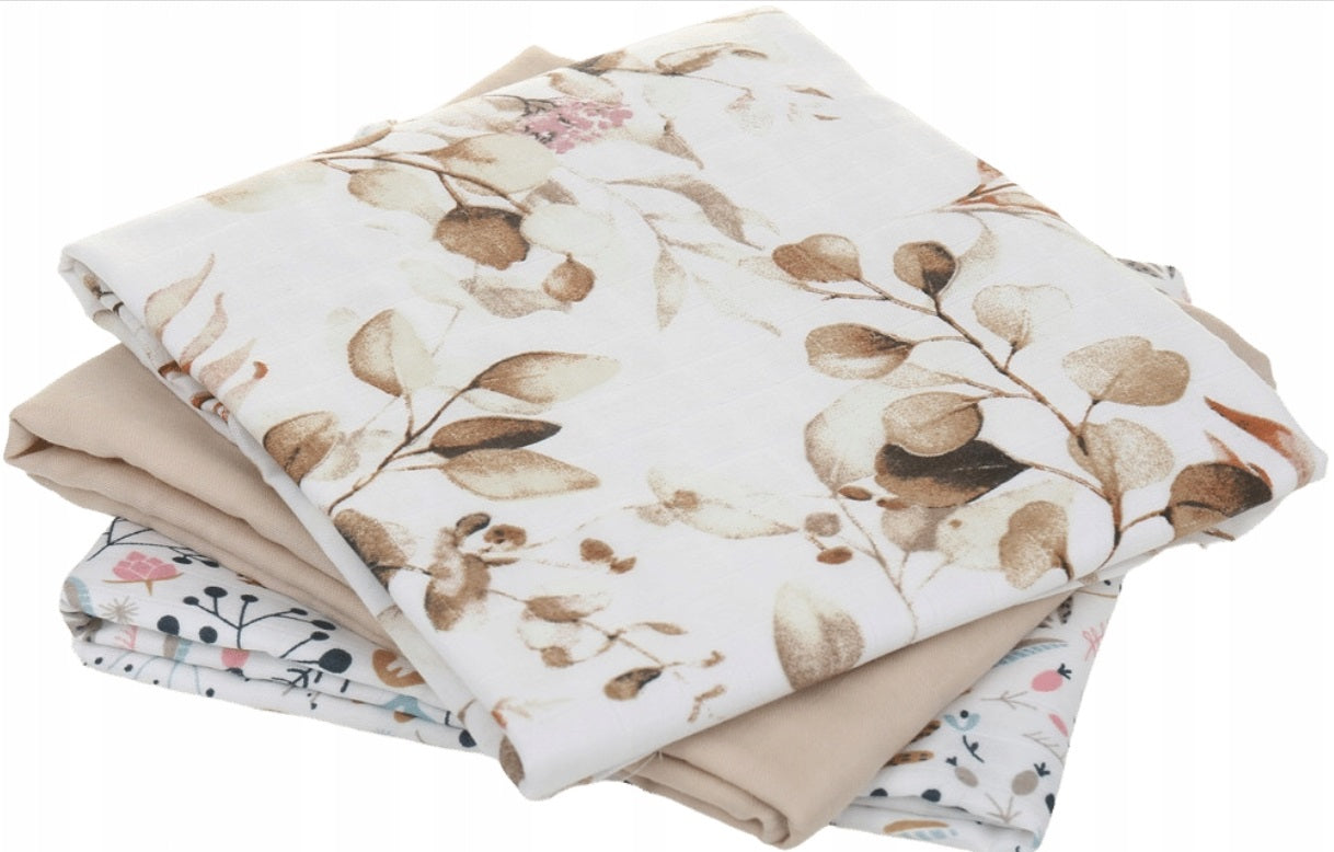 Baby Muslin Nappies Cloth Diaper 100% Cotton 3-Pack Colourful 70x80cm Gold Flowers