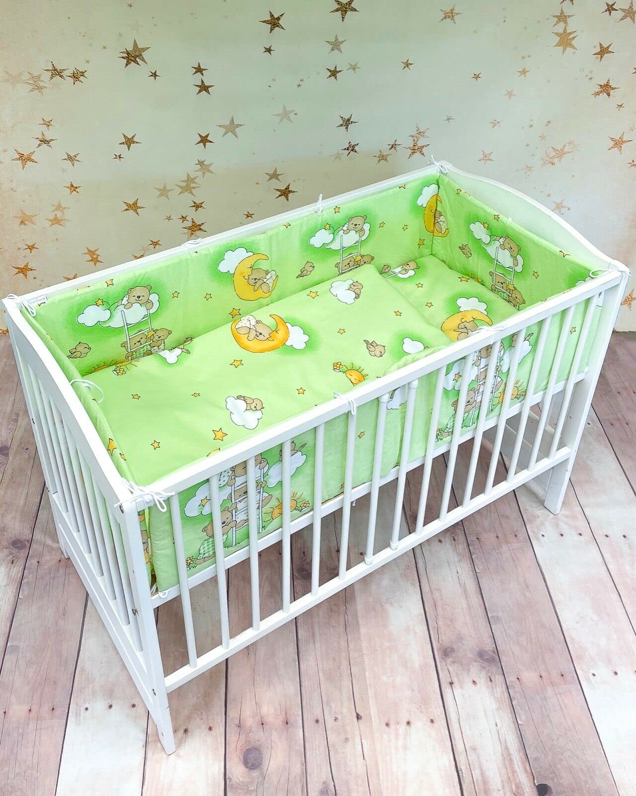 5Pc Baby Bedding Set Cot Liner ALL-ROUND Pillow Duvet Fit Cot 120x60cm Ladder Green
