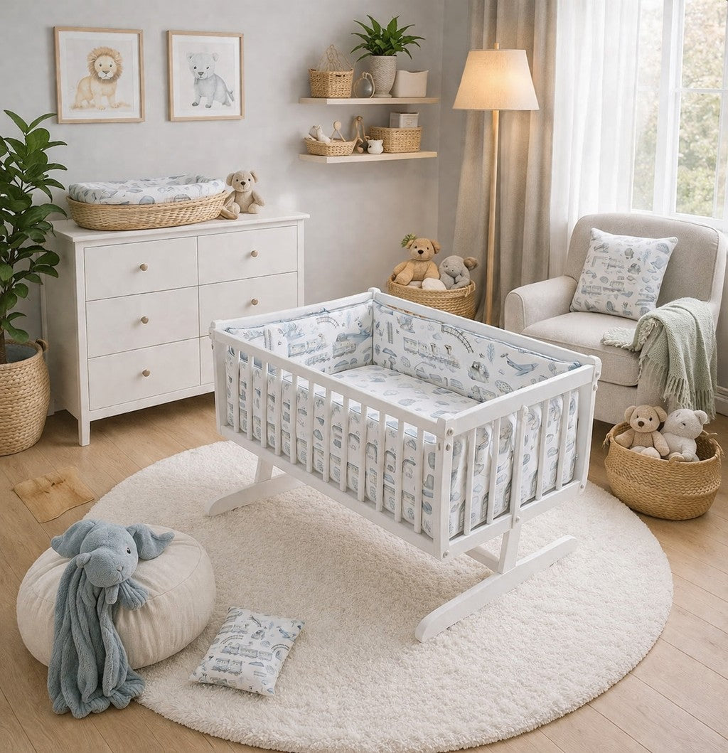 Baby Bedding Set 6pc 70x80cm Fit Crib Bumper Pillow Duvet Sheet Retro Locomotive