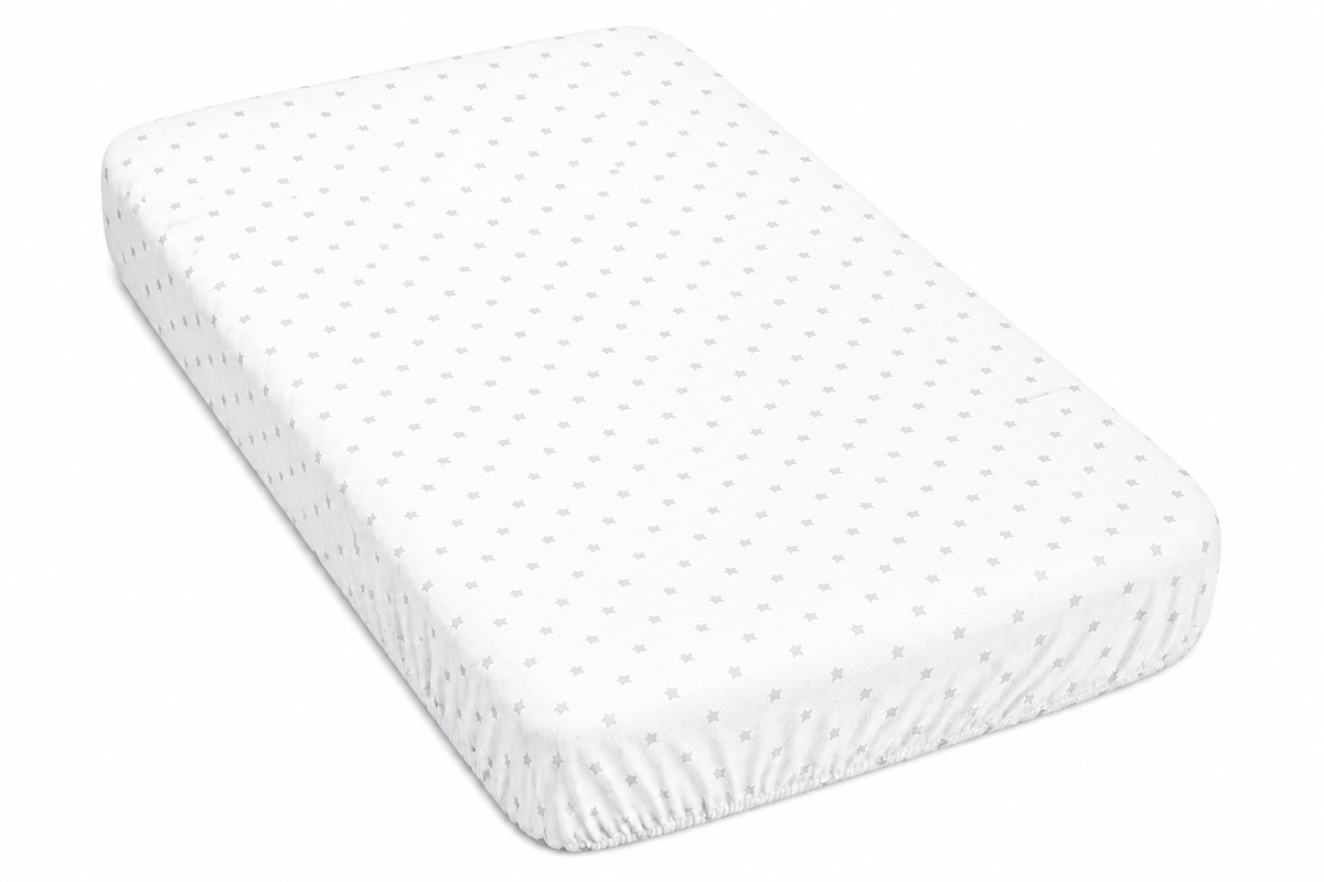 BABYMAM 4 Pack Cot Fitted Sheets 120x60 cm, 100% Organic Jersey Cotton Baby Cot Sheets, Soft Breathable Baby Bedding, Elasticated Mattress Covers (Small Stars with White)