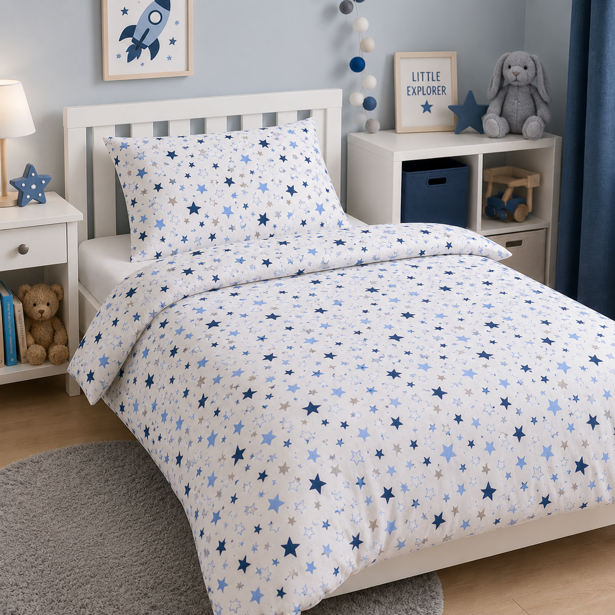 BABYMAM 2Pc Set to Fit Cot 120x90cm 100% Cotton Baby Bedding Cot Toddler Duvet Cover and Pillowcase (Blue Milky Way)