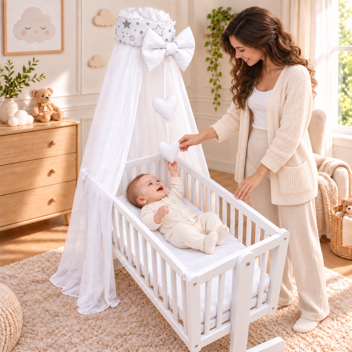 Baby Crib Canopy Mosquito Net with Holder, Decorative Bow & Hanging Hearts – Milky Way