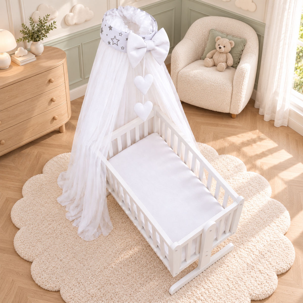 Baby Crib Canopy Mosquito Net with Holder, Decorative Bow & Hanging Hearts – Milky Way