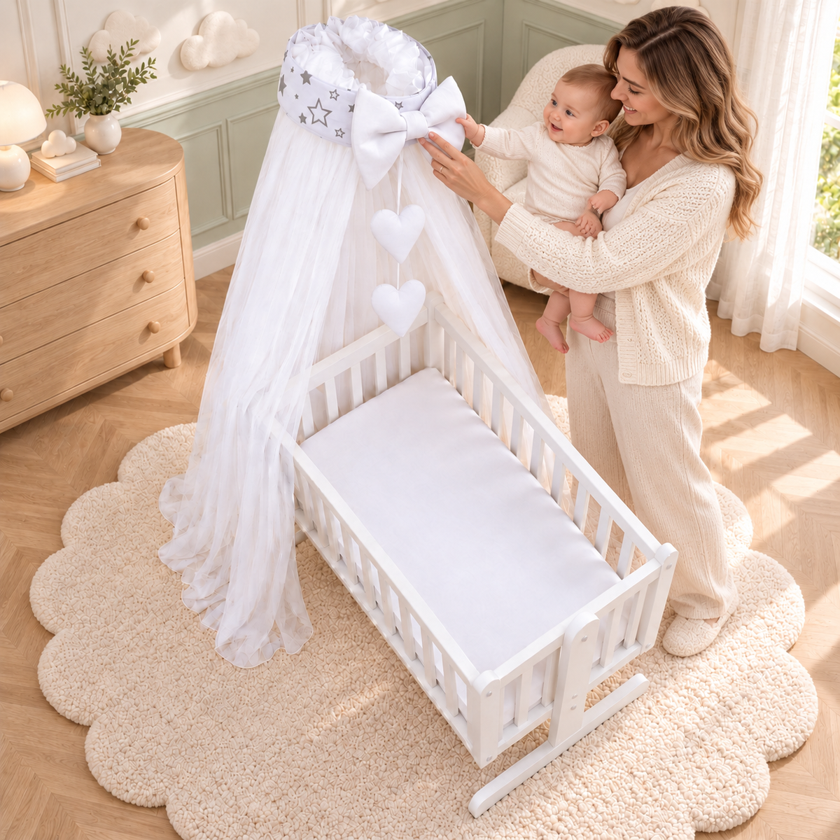 Baby Crib Canopy Mosquito Net with Holder, Decorative Bow & Hanging Hearts – Milky Way