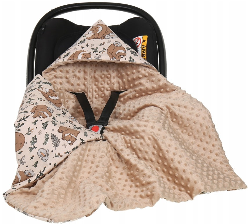 Baby Car Seat Hooded Blanket Double-sided Snuggle Swaddle Wrap Beige/ My Friend Teddy Bear
