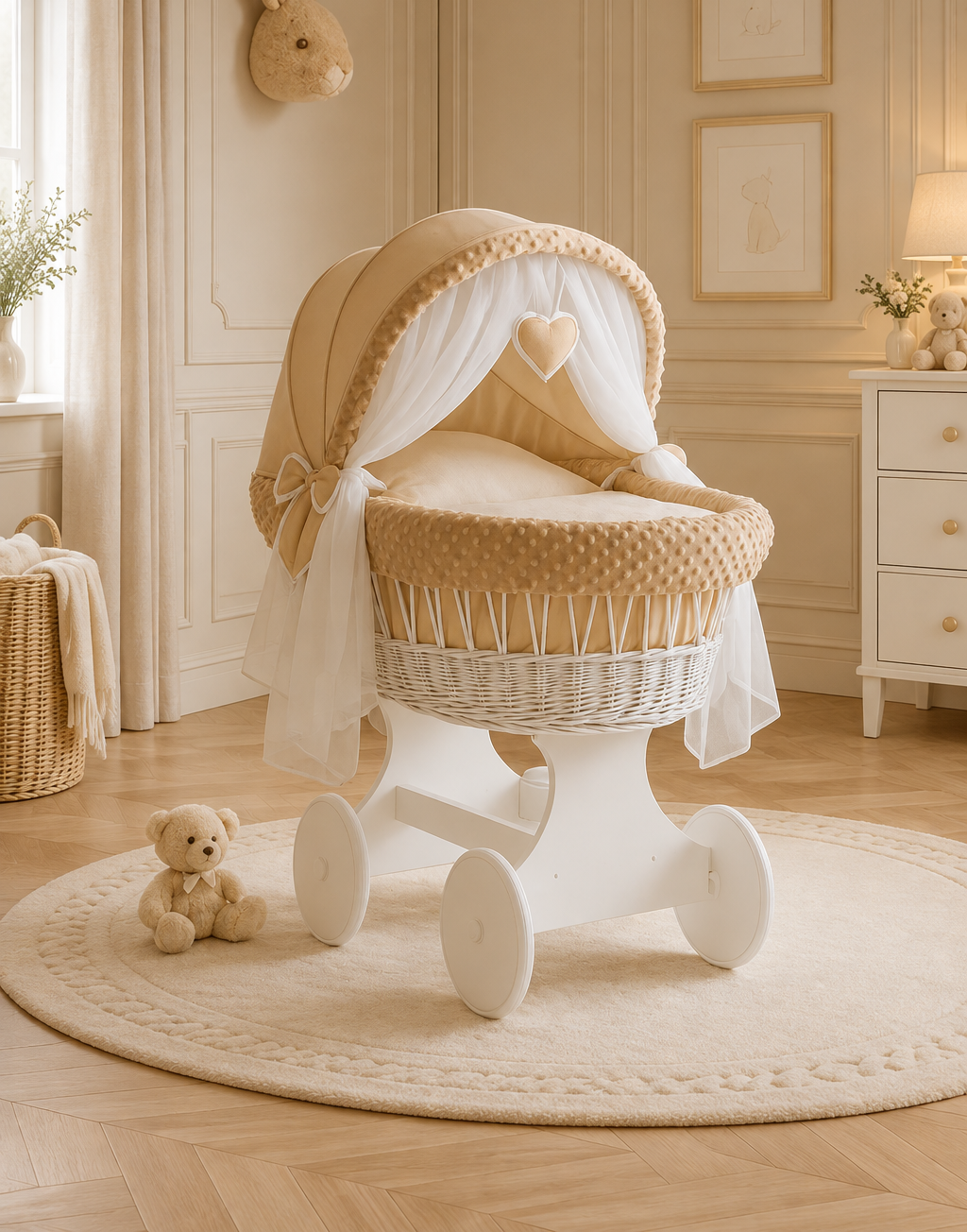 White Wicker Moses Basket Hood Wheels Baby Beige