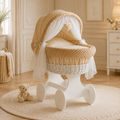 White Wicker Moses Basket Hood Wheels Baby Beige