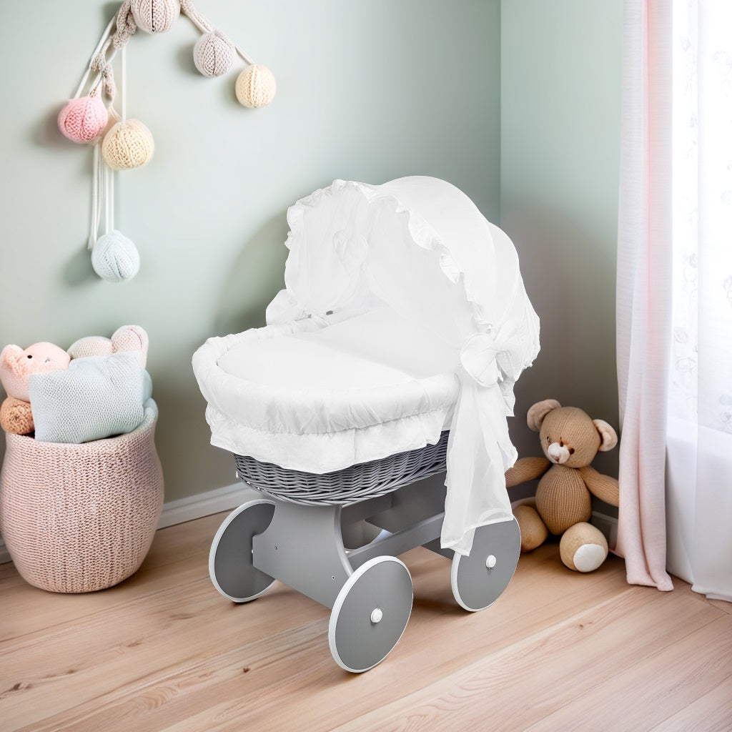 Luxury Moses Basket Grey + Wheels Stand + Full Bedding Cotton 100% with Hood - MyHappy Baby
