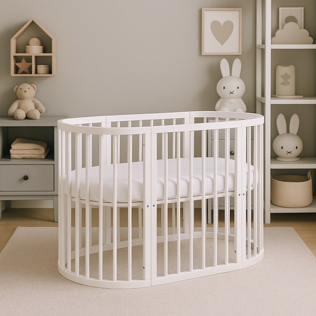 BABYMAM Snoa Oval Baby Cot – White Convertible Crib with Mattress