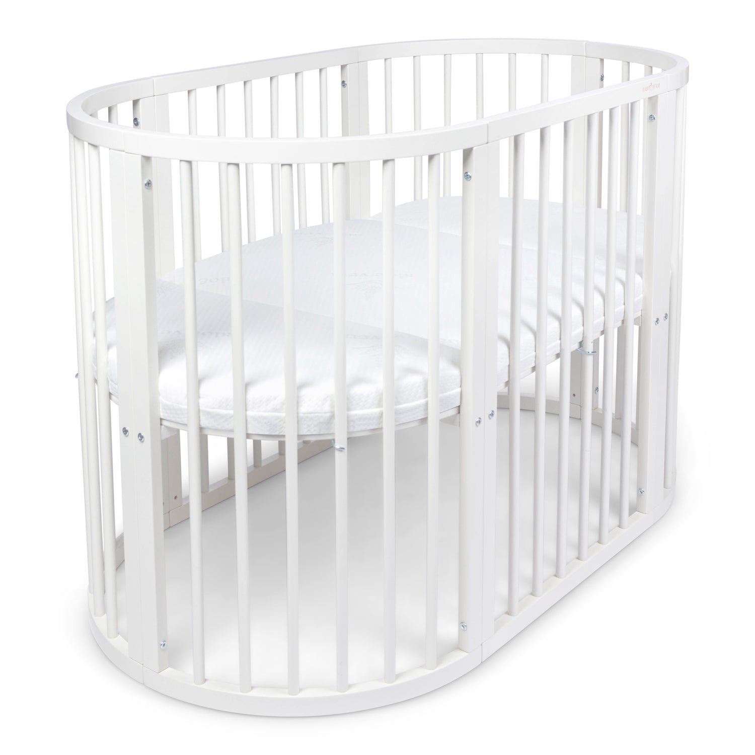 BABYMAM Snoa Oval Baby Cot – White Convertible Crib with Mattress
