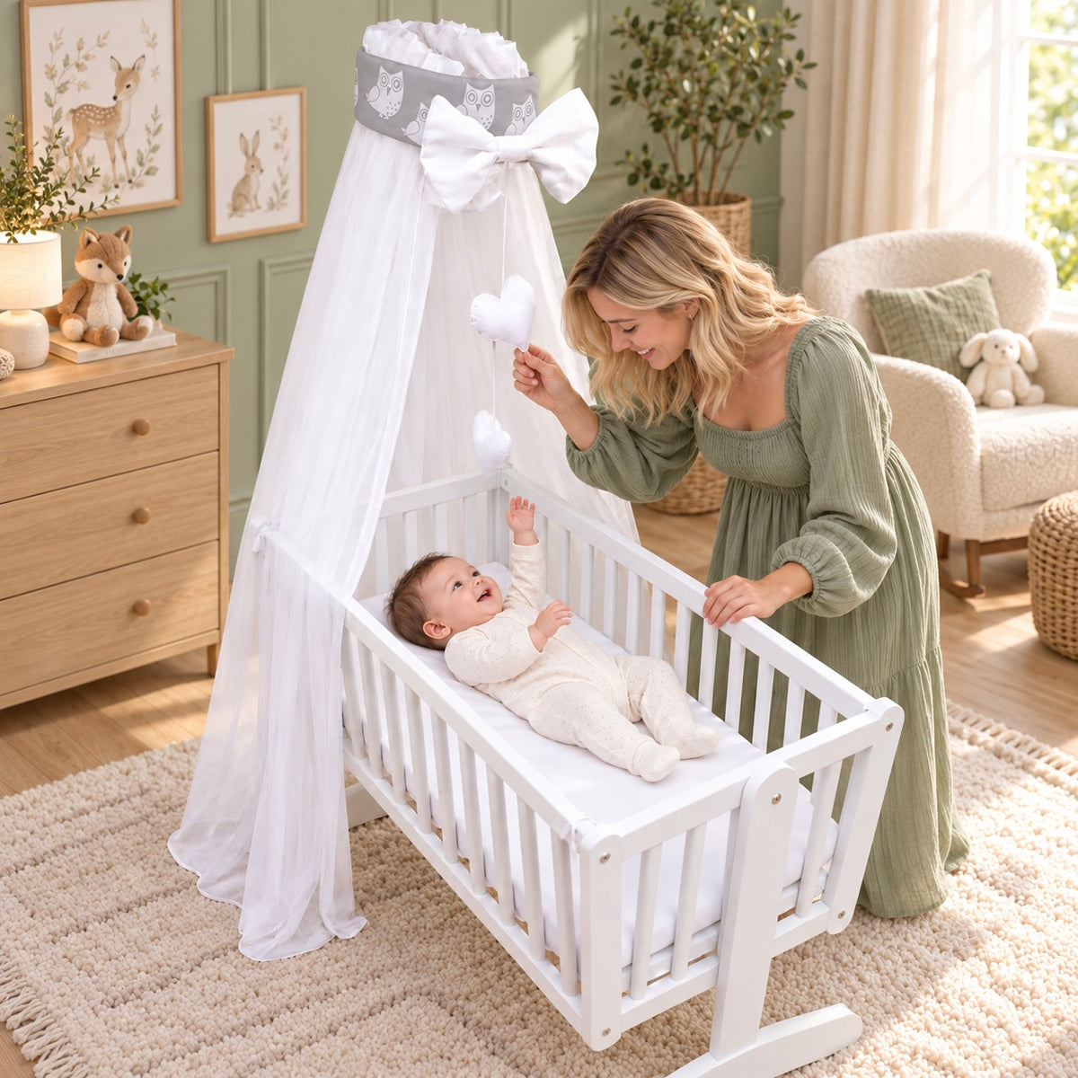 Baby Crib Canopy Mosquito Net with Holder, Decorative Bow & Hanging Hearts – Owls grey