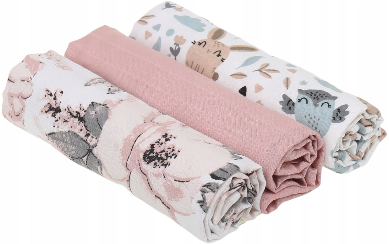 Baby Muslin Nappies Cloth Diaper 100% Cotton 3-Pack Colourful 70x80cm Peonie