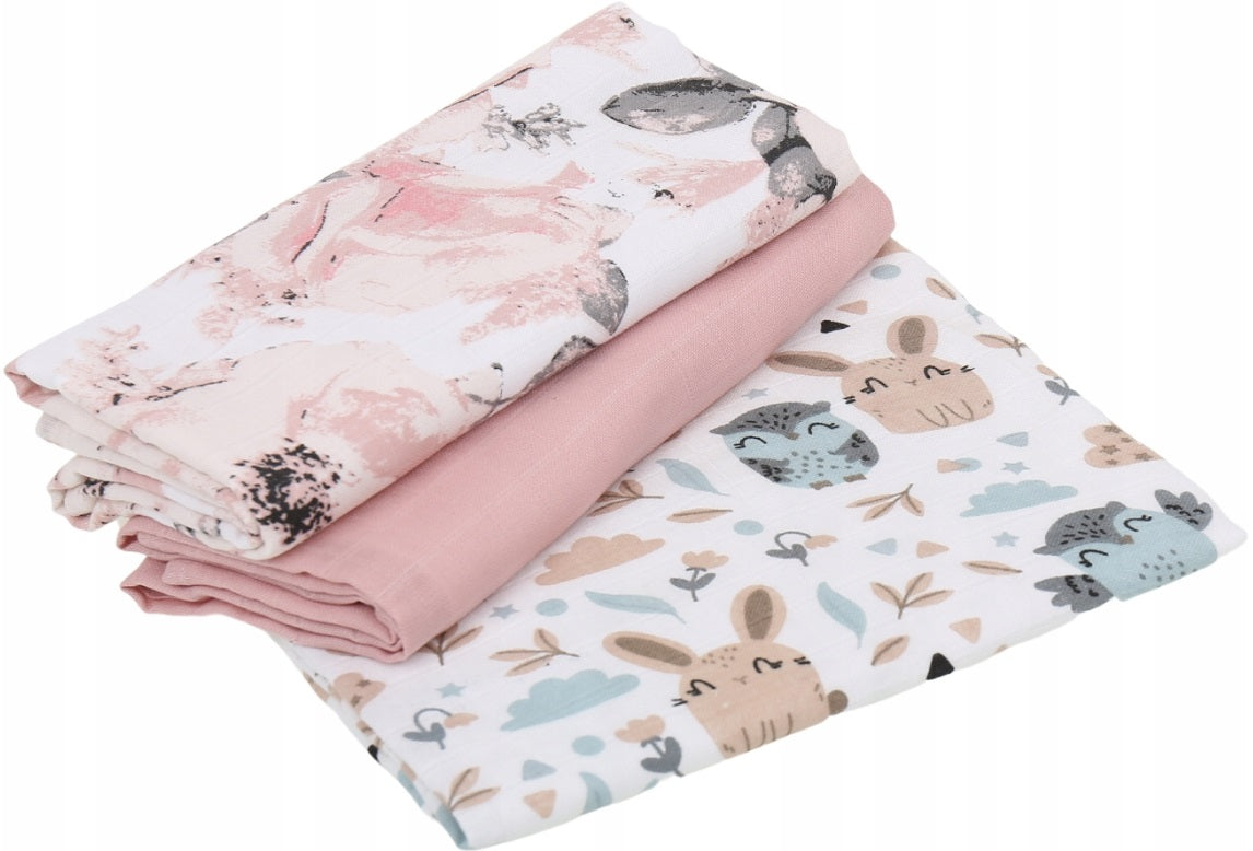 Baby Muslin Nappies Cloth Diaper 100% Cotton 3-Pack Colourful 70x80cm Peonie