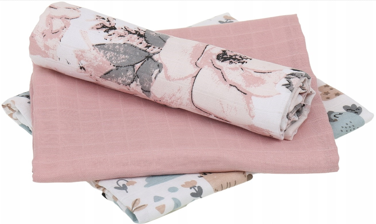 Baby Muslin Nappies Cloth Diaper 100% Cotton 3-Pack Colourful 70x80cm Peonie
