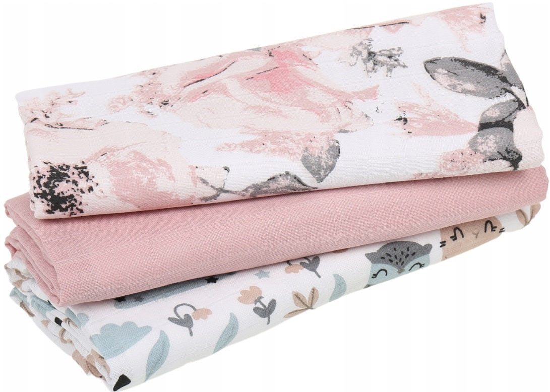 Baby Muslin Nappies Cloth Diaper 100% Cotton 3-Pack Colourful 70x80cm Peonie