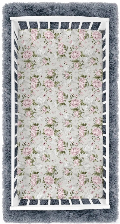 Fitted sheet 100% cotton printed design for baby crib 90x40cm Peony and  Butterflies