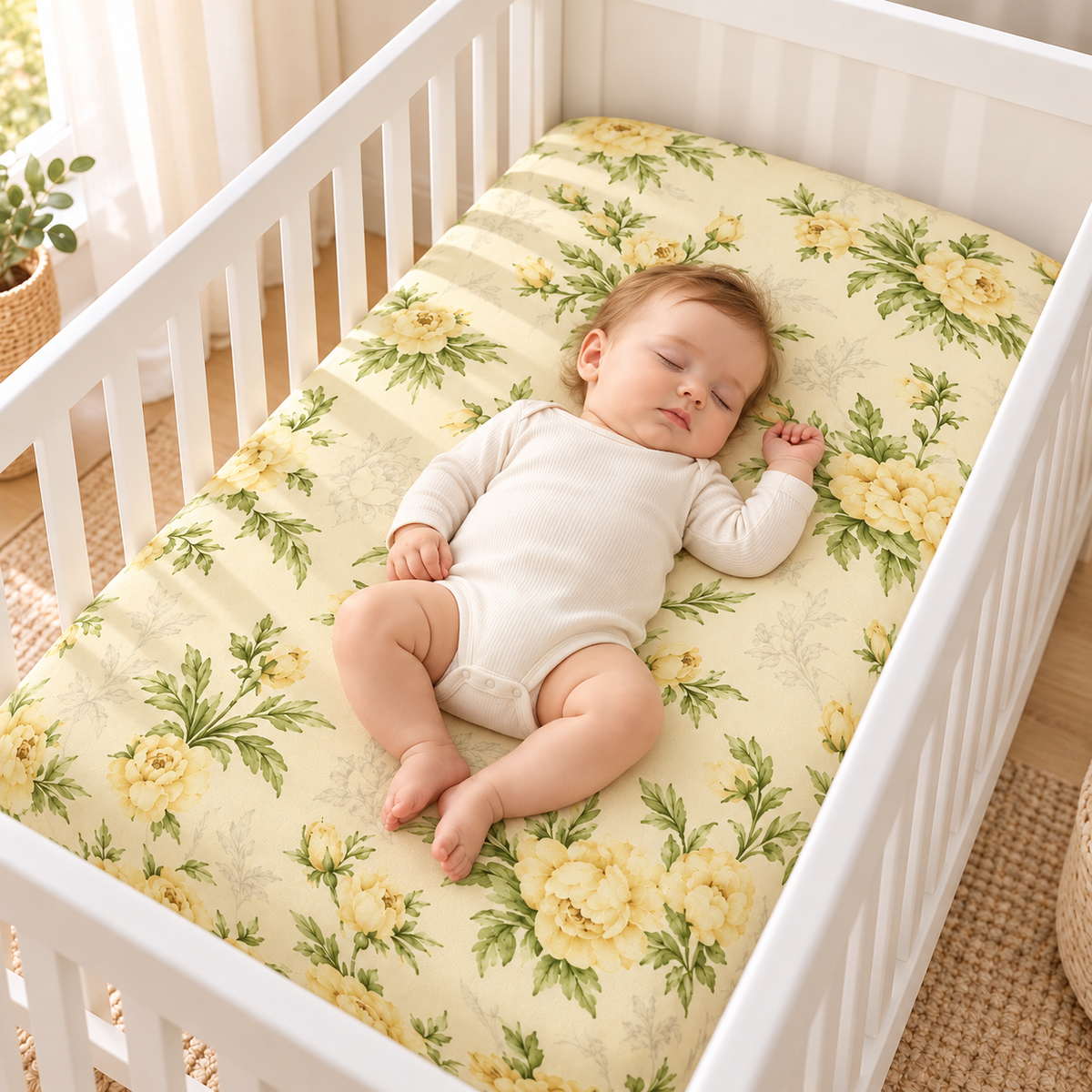 BABYMAM Baby Cot Bed Fitted Sheet 120x60 cm 100% Cotton, Soft Breathable Printed Fitted Sheet for Baby Cot Mattress (Peony Vanilla)