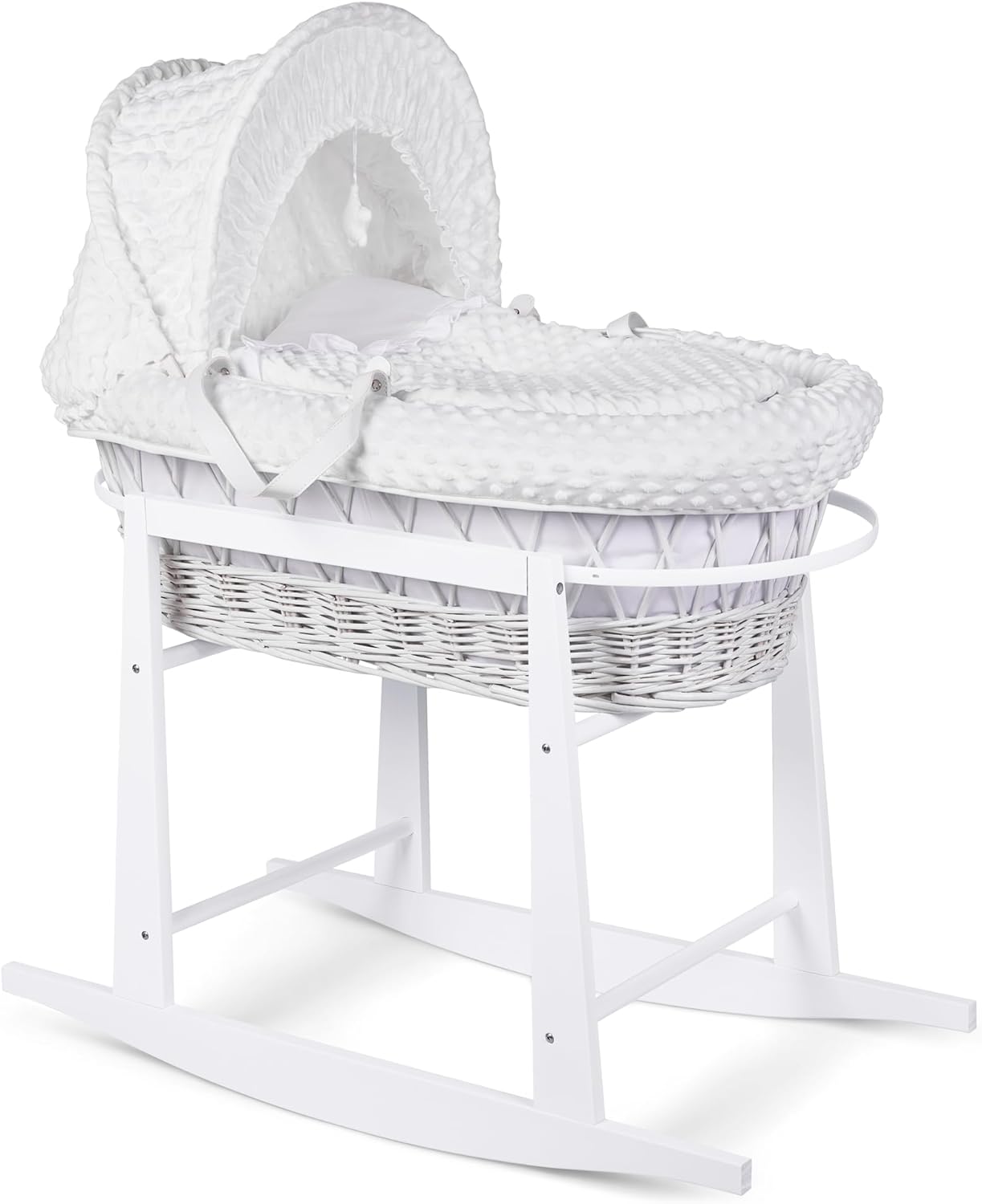 Luxury Moses Basket Padded Wicker Baby Full Set Rocking Stand White Handle/White