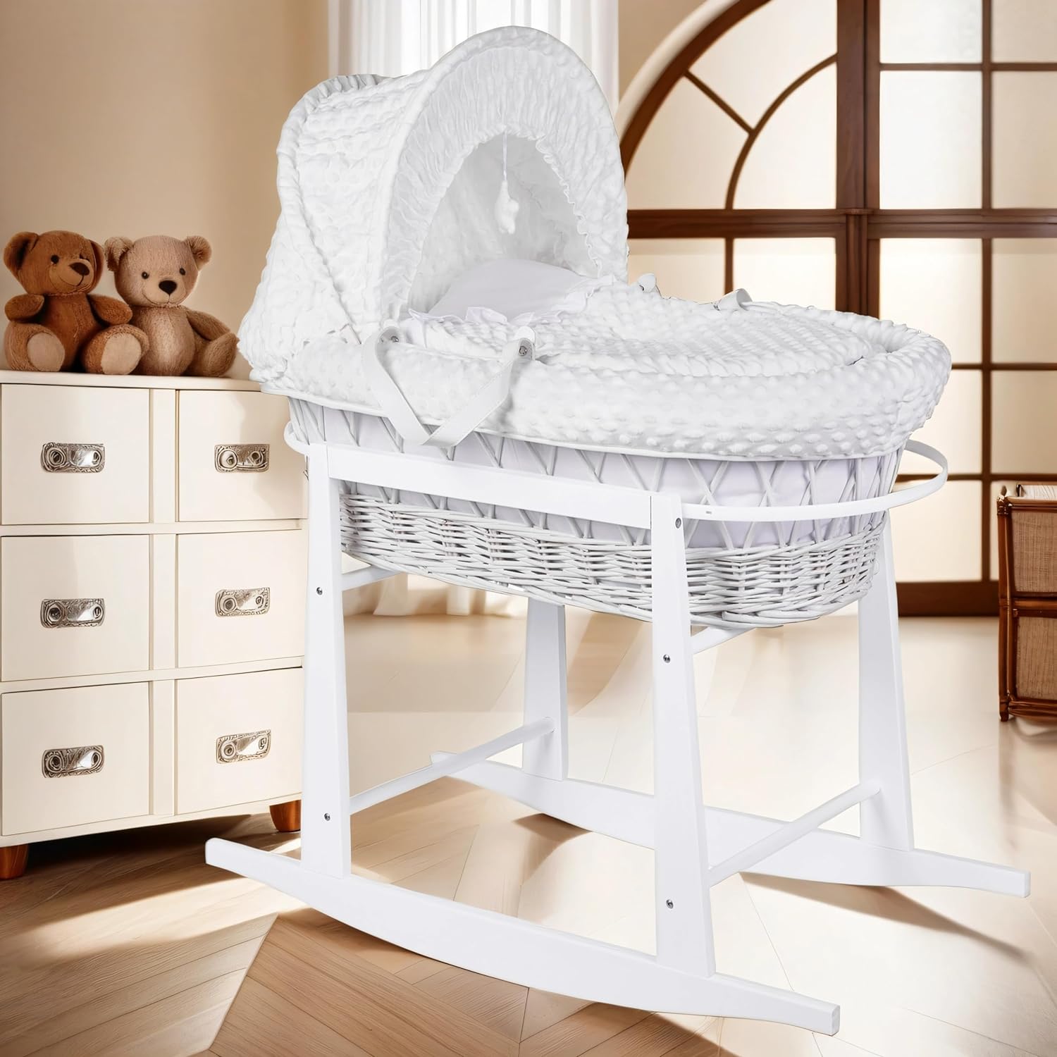 Luxury Moses Basket Padded Wicker Baby Full Set Rocking Stand White Handle/White