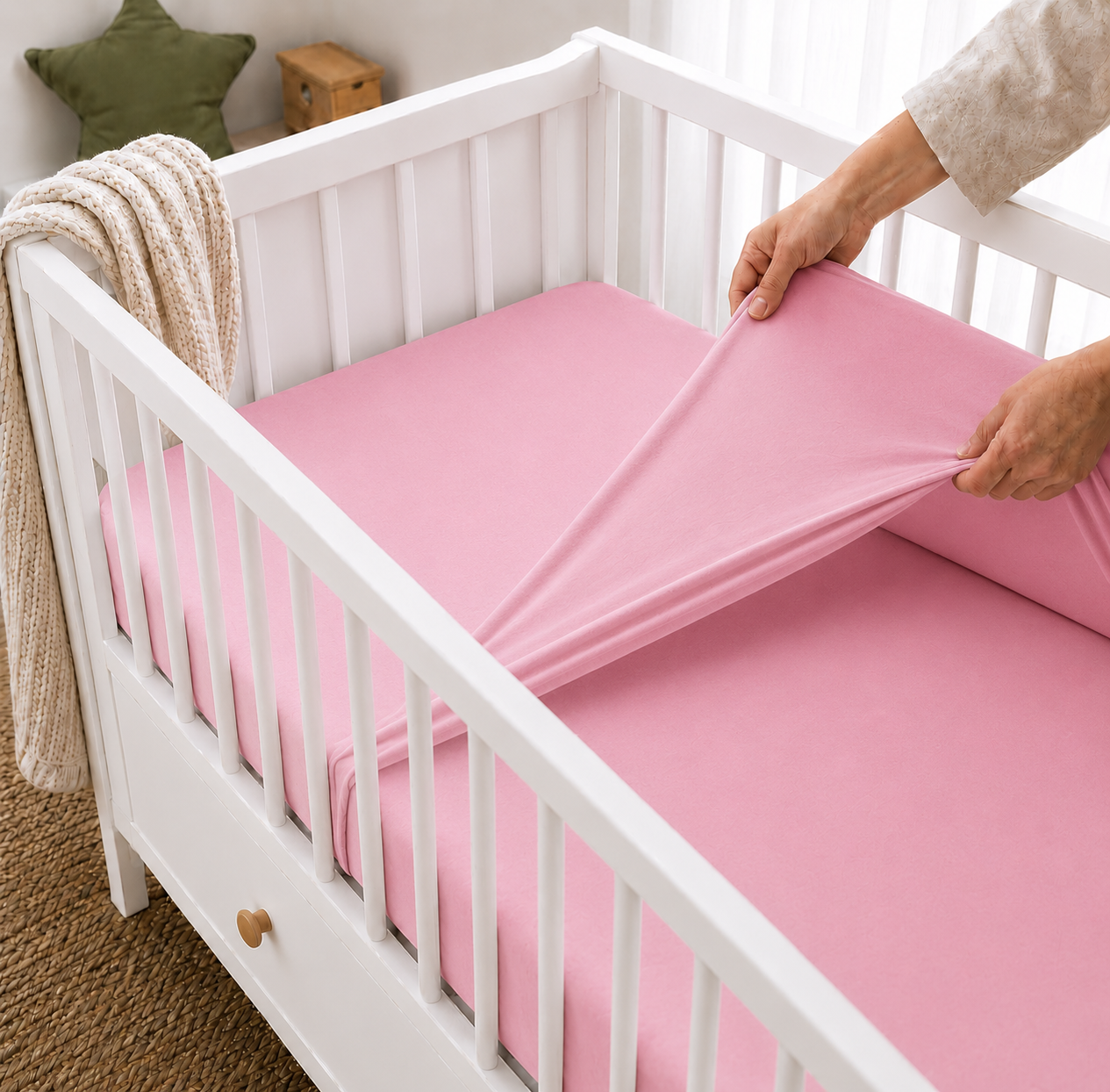 100% cotton fitted sheet for cot 120x60cm nursery baby soft plain style Pink - MyHappy Baby