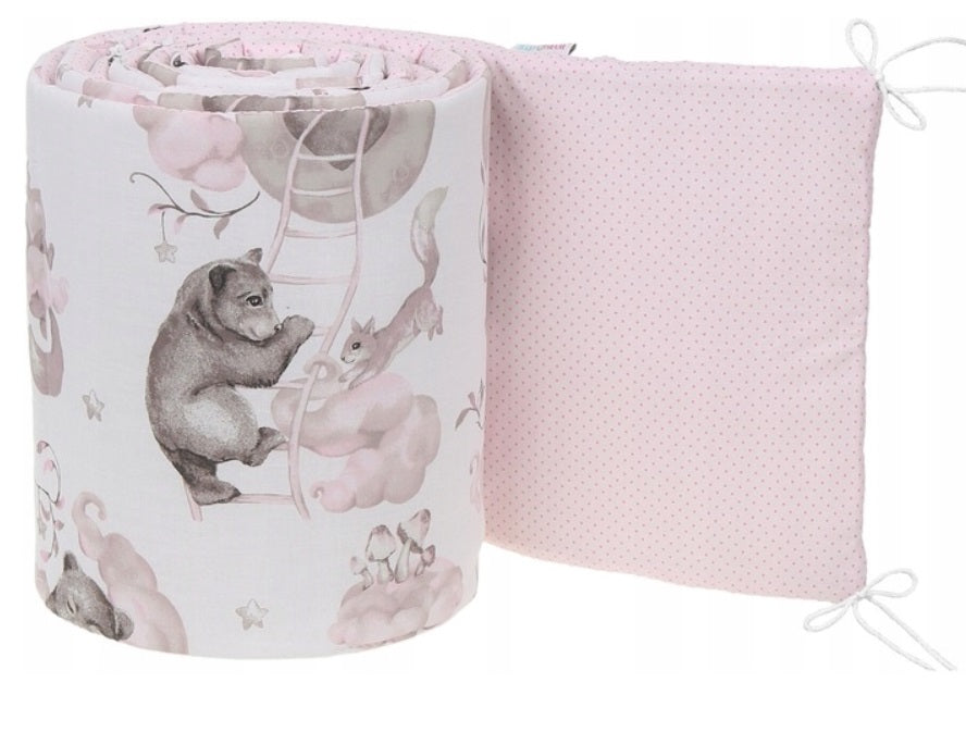 Cot Liner 180cm fit Cot 120x60cm 100% Cotton Baby Nursery Pink Bears/Dots Pink