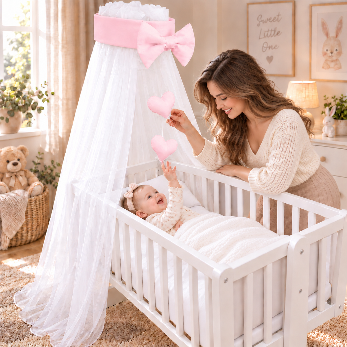 Baby Crib Canopy Mosquito Net with Holder, Decorative Bow & Hanging Hearts – Pink