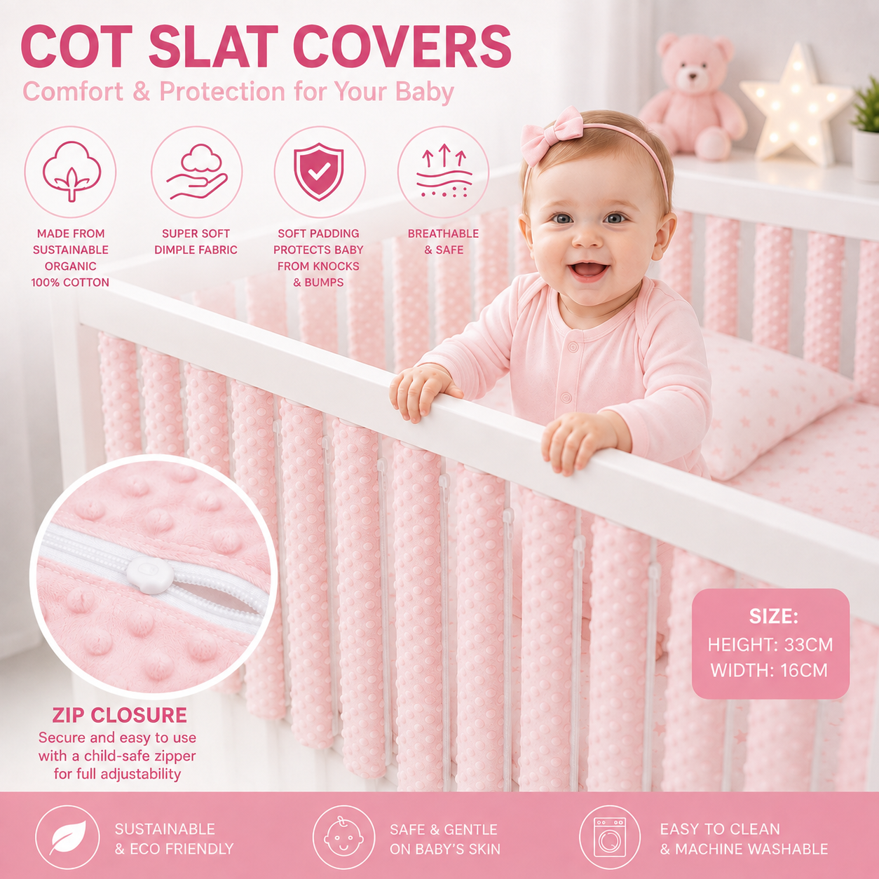 Double-sided Rail Cot Slat Cover Wrap Protector Pink 10Pc